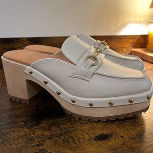 Madden Girl Cream Platform Mules with Gold Studs